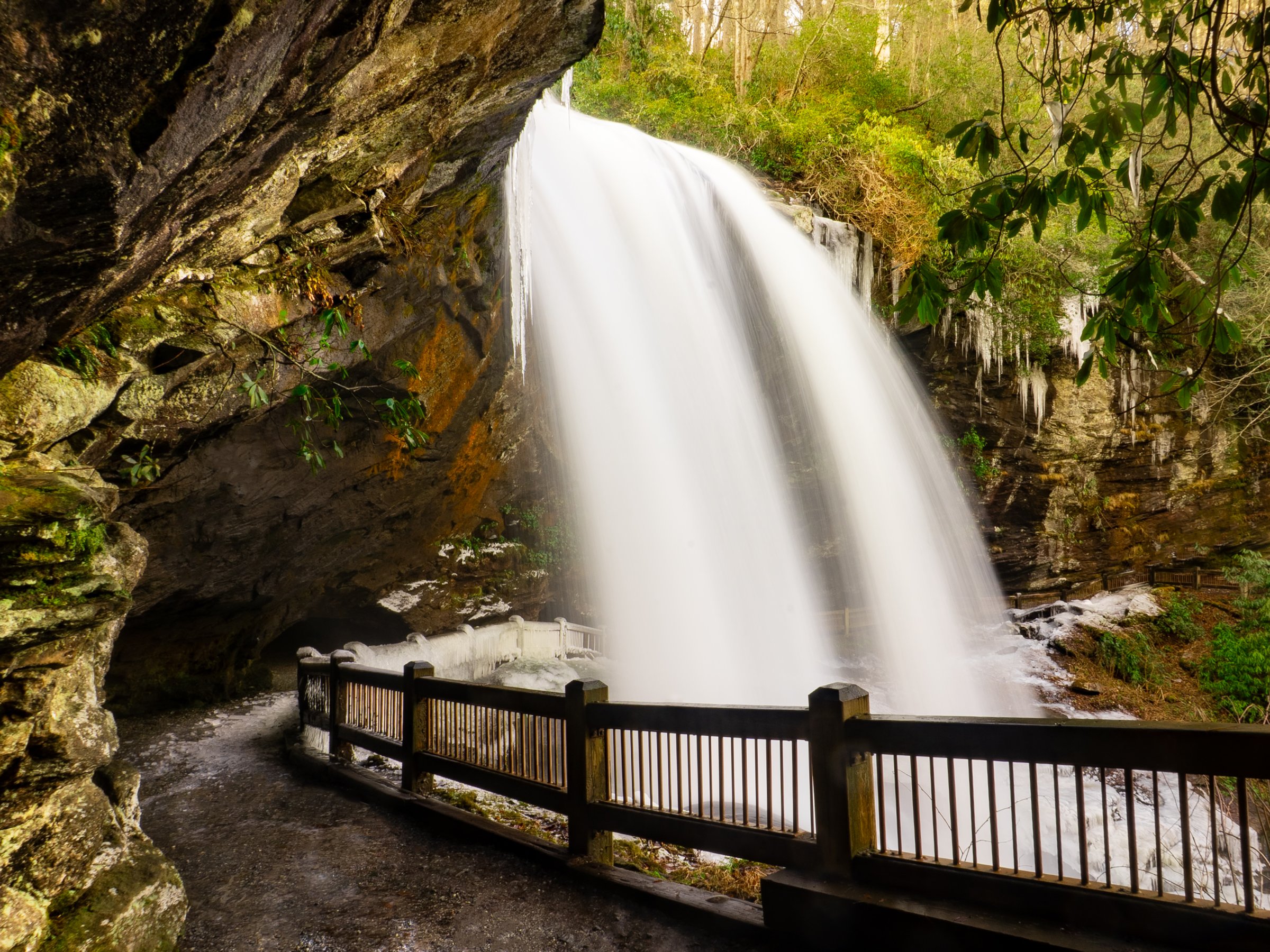 Dry Falls waterfall behind walking path with railing, surrounded by autumn forest